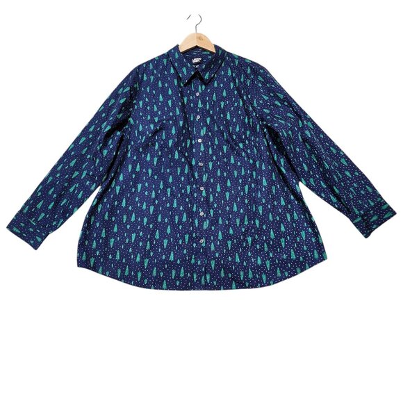Lands End Womens No Iron Supima Shirt 24W Blue Christmas Green Trees Pattern - Picture 3 of 8